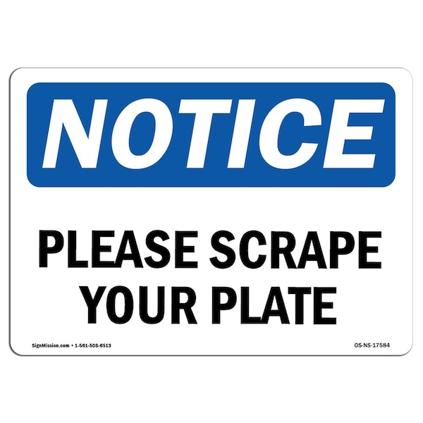 Safety Sign, OSHA Notice, 3.5" Height, Please Scrape Your Plate Sign, Landscape, 10PK
